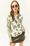 Women's Ecru Green Crew Neck Patterned Soft Textured Knitwear Sweater KZK-19000611 - 3