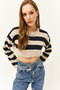 Women's Stone Spanish Sleeve Striped Crop Knitwear Sweater KZK-19000657 - 2