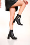 Women's Black Stone Buckle Detailed Round Toe Heeled Boots