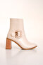 WOMEN BEIGE BUCKLE DETAILED ROUND TOE HEELED BOOTS - 6