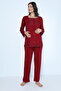 Claret Red Velvet Maternity and Maternity Pajamas Set with Dressing Gown - 5
