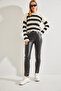 Women's Black Ribbed Leather Trousers with Slits 40971018 - 6