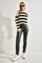 Women's Black Ribbed Leather Trousers with Slits 40971018 - 3