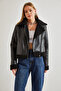 Women's Black Plush Leather Coat 40971012 - 4