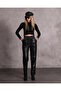 Women's Black High Waist Elastic and Lacing Detailed Faux Leather Trousers