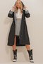 Women's Black Inner Line Block And Lined Waist Belt Hooded Zippered Trench Coat ALC-X10983 - 2