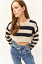 Women's Stone Spanish Sleeve Striped Crop Knitwear Sweater KZK-19000657 - 3