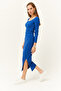Women's Cobalt Blue Open Collar Long Sleeve Blouse Slit Skirt Set TKM-19000224 - 5