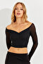 Women's Black Sleeves Tulle Crop Blouse CG315 - 2
