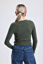 green women's crew neck knotted front long sleeve blouse - 6