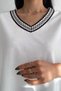 Women's V-Neck Cotton T-Shirt with Straw Stripe Detail on Collar and Sleeves - 4