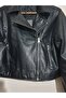 Women's Balloon Sleeve Zippered Casual Leather Jacket Black - 6