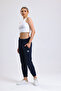 women's navy blue side pocket sweatpants with elastic waist and hem - 3