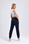 women's navy blue side pocket sweatpants with elastic waist and hem - 5