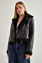 Women's Black Plush Leather Coat 40971012 - 5