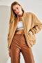 Women's Camel Double Pocket Snap Fastener Wrinkled Fabric Coat 40971005 - 2