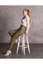 Women's Khaki High Waist Faux Leather Carrot Trousers with Stitching Detail - 4