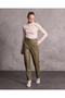 Women's Khaki High Waist Faux Leather Carrot Trousers with Stitching Detail