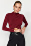 Burgundy Stand Collar Draped Body Fitting Stretchy Knitted Crop Blouse Twoaw24Bz00164 - 3
