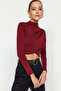 Burgundy Stand Collar Draped Body Fitting Stretchy Knitted Crop Blouse Twoaw24Bz00164 - 4