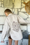 Beige Double Pocket Oversized Gabardine Jacket with Embroidered Shoulders and Back and Snap Closure Alc-X11002