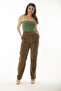 Women's Large Size Camel Corduroy Trousers with Side Pockets 65N37059 - 5