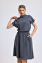 women's gray off shoulder turtleneck short sleeve dress with pockets - 4