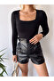Women's Black Square Neck Long Sleeve Viscose Blouse - 2