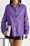 Women's Purple Drop Shoulder Pocket Sleeves and Back Embroidery Sequined Oversize Jacket
