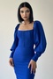 Atlas Fabric Square Collar Button Detailed Sleeve Cuffed Slit Design Cobalt Blue Midi Evening Dress 177 - 2