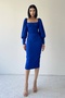 Atlas Fabric Square Collar Button Detailed Sleeve Cuffed Slit Design Cobalt Blue Midi Evening Dress 177 - 5