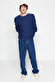 Navy Blue Textured Collar Detailed Oversize Sweatshirt - TMNAW24SW00233 - 2