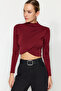 Burgundy Stand Collar Draped Body Fitting Stretchy Knitted Crop Blouse Twoaw24Bz00164 - 2
