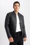Water Repellent Slim Fit College Collar Bomber Faux Leather Coat - 3