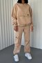 Women's Thick Three Thread Fabric Kangaroo Pocket Long Sleeve Beige Tracksuit 350 - 3