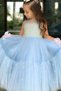 Girl's Blue Evening Dress with Transparent Collar and Pearl Bead Detail - 3