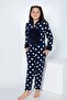 Navy Blue Polka Dot Patterned Girl's Fleece Plush Jumpsuit Pajamas - 2