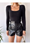 Women's Black Square Neck Long Sleeve Viscose Blouse - 4