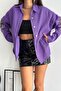 Women's Purple Drop Shoulder Pocket Sleeves and Back Embroidery Sequined Oversize Jacket - 3