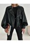 Women's Black Faux Leather Wide Sleeve Bomber Jacket