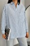 Women's Blue Folding Cufflinks, Slits, Single Pocket, Striped 75% Cotton 25% Linen Shirt - 2