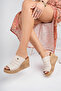 Genuine Leather Beige Women's Wedge Heeled Leather Sandals CRZ-1006