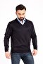 Men's Navy Blue Thin Wool Knitwear V-Neck Knitwear Sweater - 2