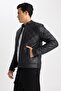 Water Repellent Slim Fit College Collar Bomber Faux Leather Coat - 4