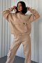 Women's Thick Three Thread Fabric Kangaroo Pocket Long Sleeve Beige Tracksuit 350 - 4