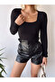 Women's Black Square Neck Long Sleeve Viscose Blouse