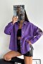 Women's Purple Drop Shoulder Pocket Sleeves and Back Embroidery Sequined Oversize Jacket - 4
