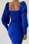 Atlas Fabric Square Collar Button Detailed Sleeve Cuffed Slit Design Cobalt Blue Midi Evening Dress 177 - 3
