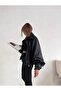 Women's Black Faux Leather Wide Sleeve Bomber Jacket - 3