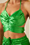 Women's Butterfly Design Tie Detailed Back Low-cut Green Strap Crop Blouse 12508 - 8